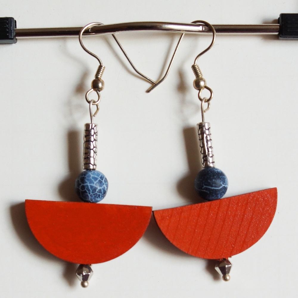 Half Moon Wood Agate and Metal Mid Century Earring